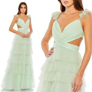 NWT Mac Duggal Ruffle Tiered Tulle Cut-Out Gown Mint Green - Size 2